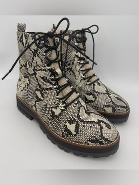 Crown & Ivy NAOMI Snake Print Textile/Fur Trim Lace Up/Zip Ankle Boots 7.5